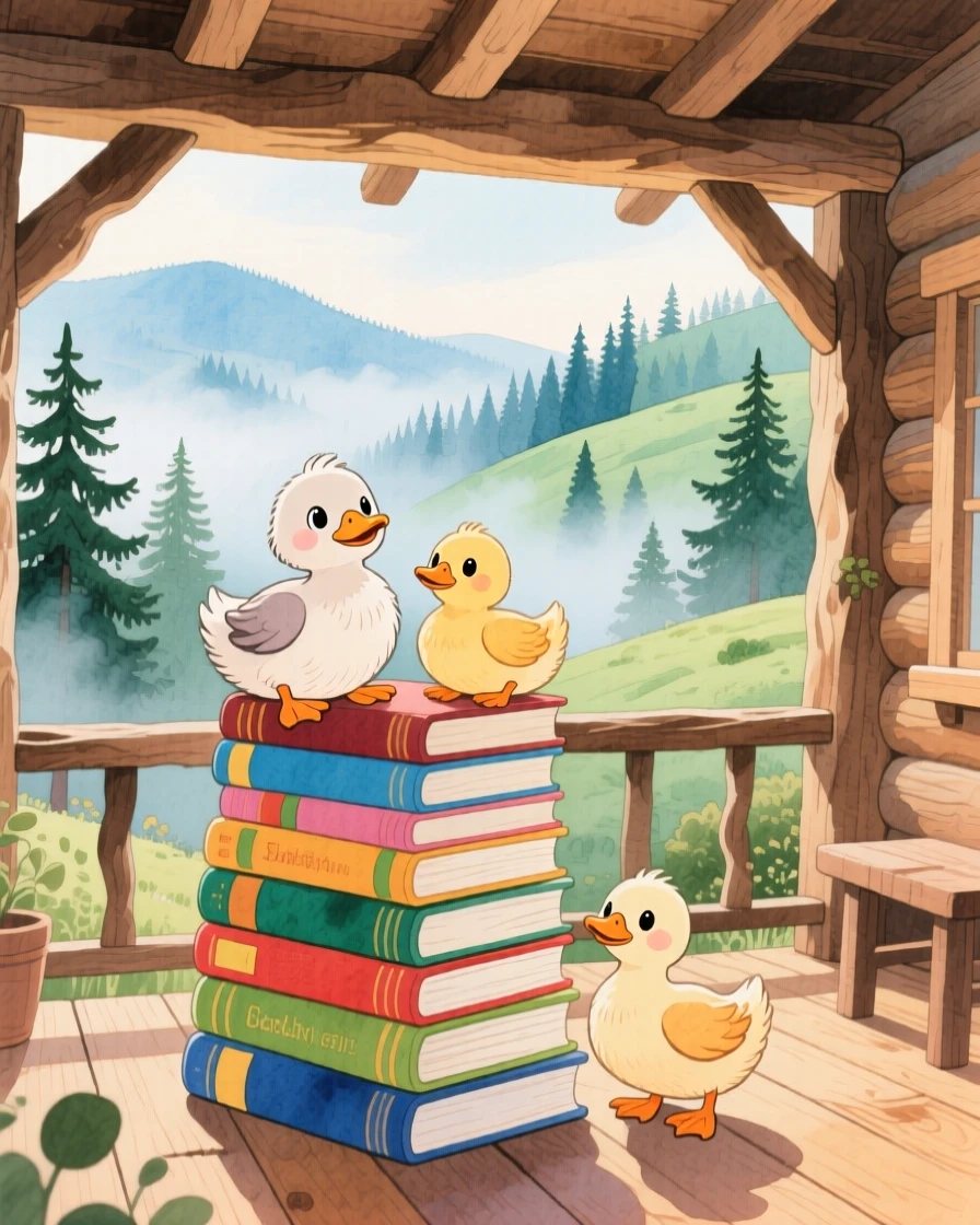 A family of ducklings sitting proudly atop a stack of storybooks, set in a mountain cabin porch overlooking misty pines, full of playful curiosity.