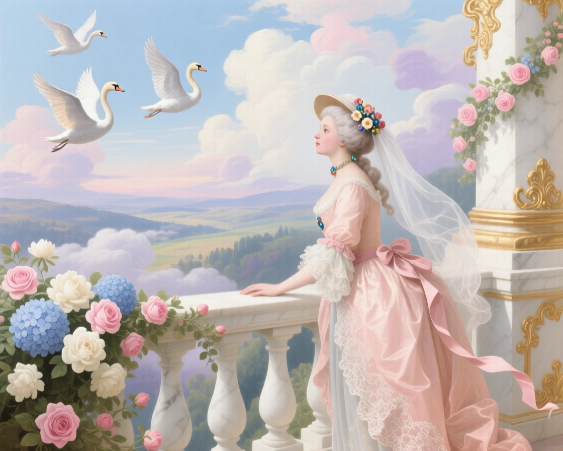 A castle balcony overlooking a valley of clouds and flying swans  