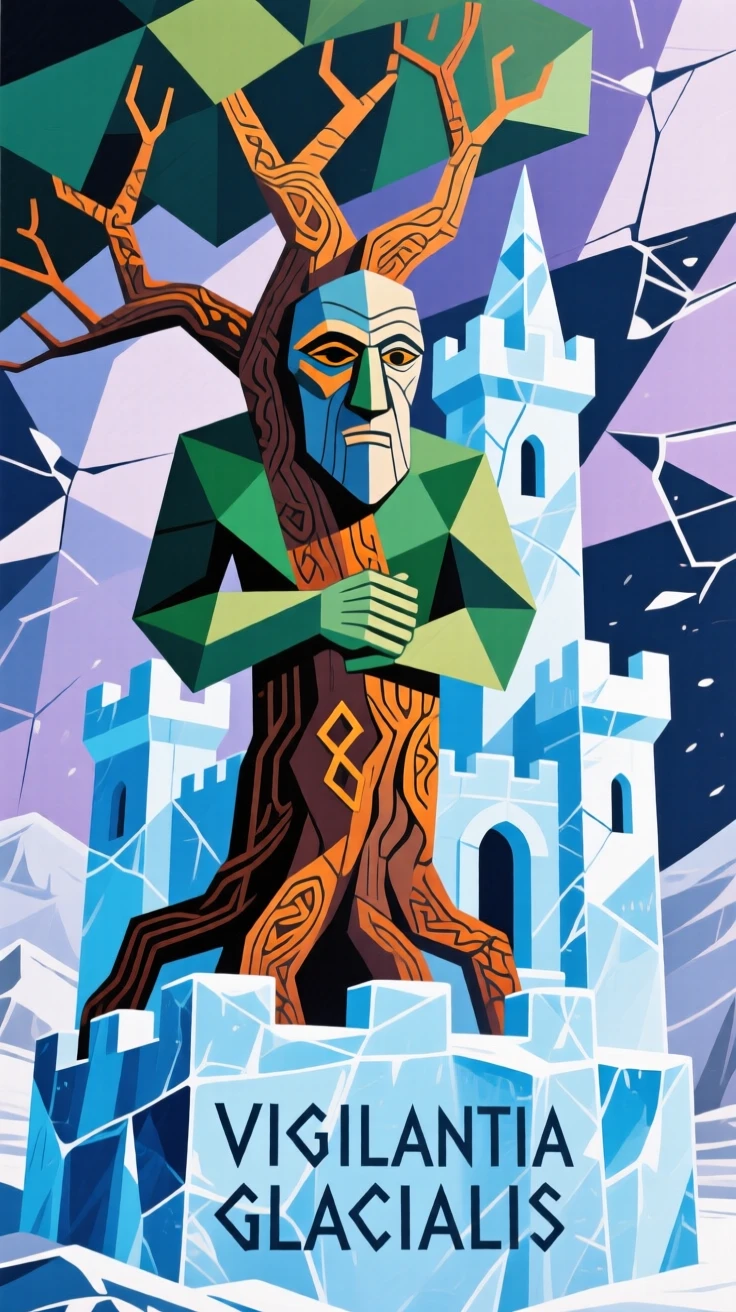 A magical scene of an ancient tree guardian atop a castle carved from glacial ice.