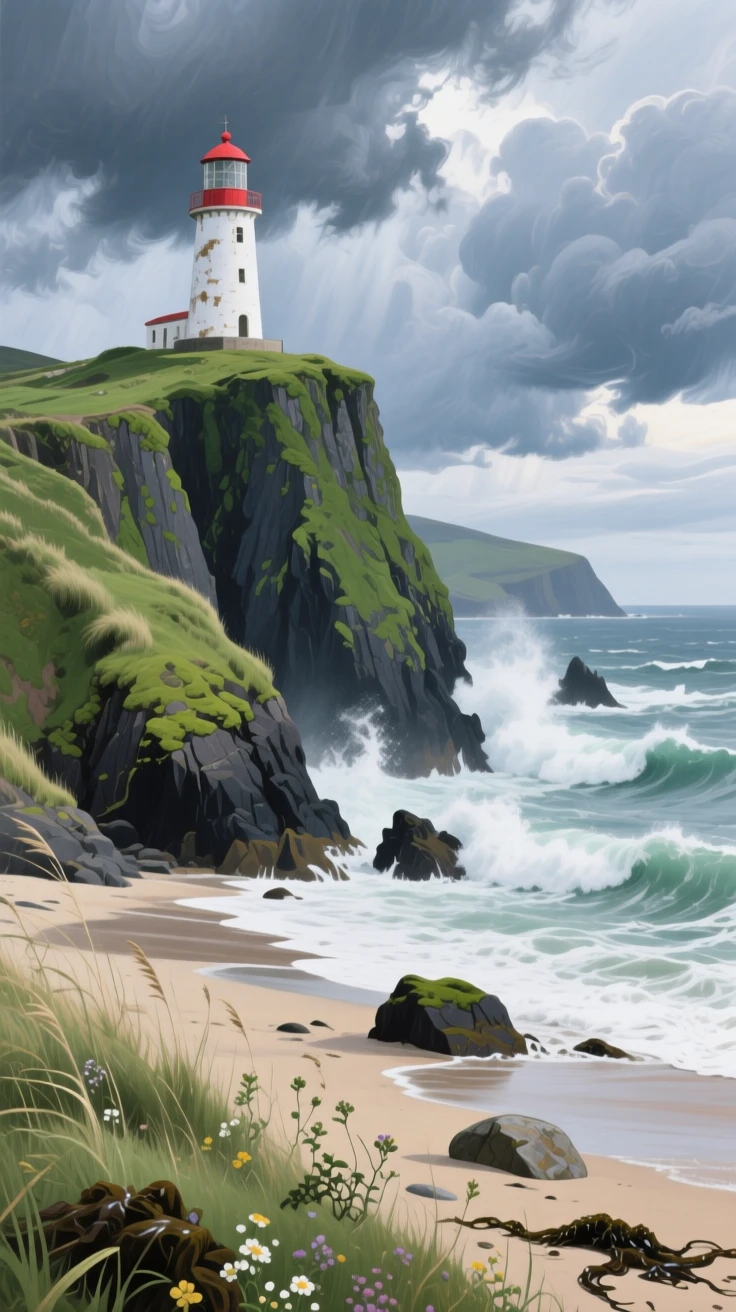 A wild, windswept beach in Ireland shows towering green cliffs, crashing waves, and a solitary lighthouse standing against a dramatic sky of scattered storm clouds, as a light breeze stirs the surrounding vegetation and carries the scent of damp earth.