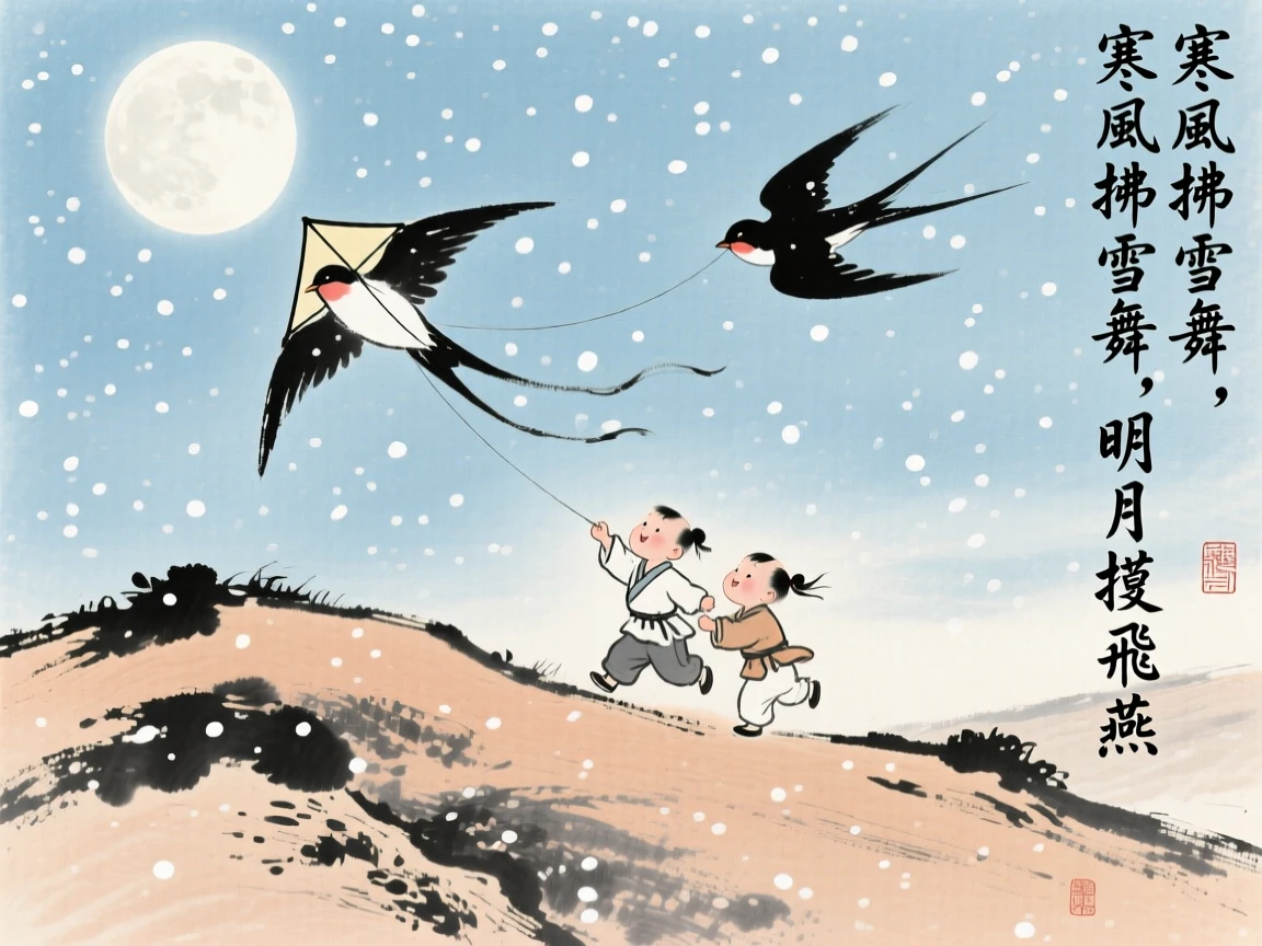 Children flying a kite shaped like a swallow on a breezy hillside, beneath softly falling snow, under a full moon.