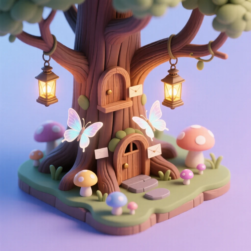A treetop fairy village lit entirely by glowing mushrooms and lanterns, with tiny doors carved into bark and butterflies serving as messengers.