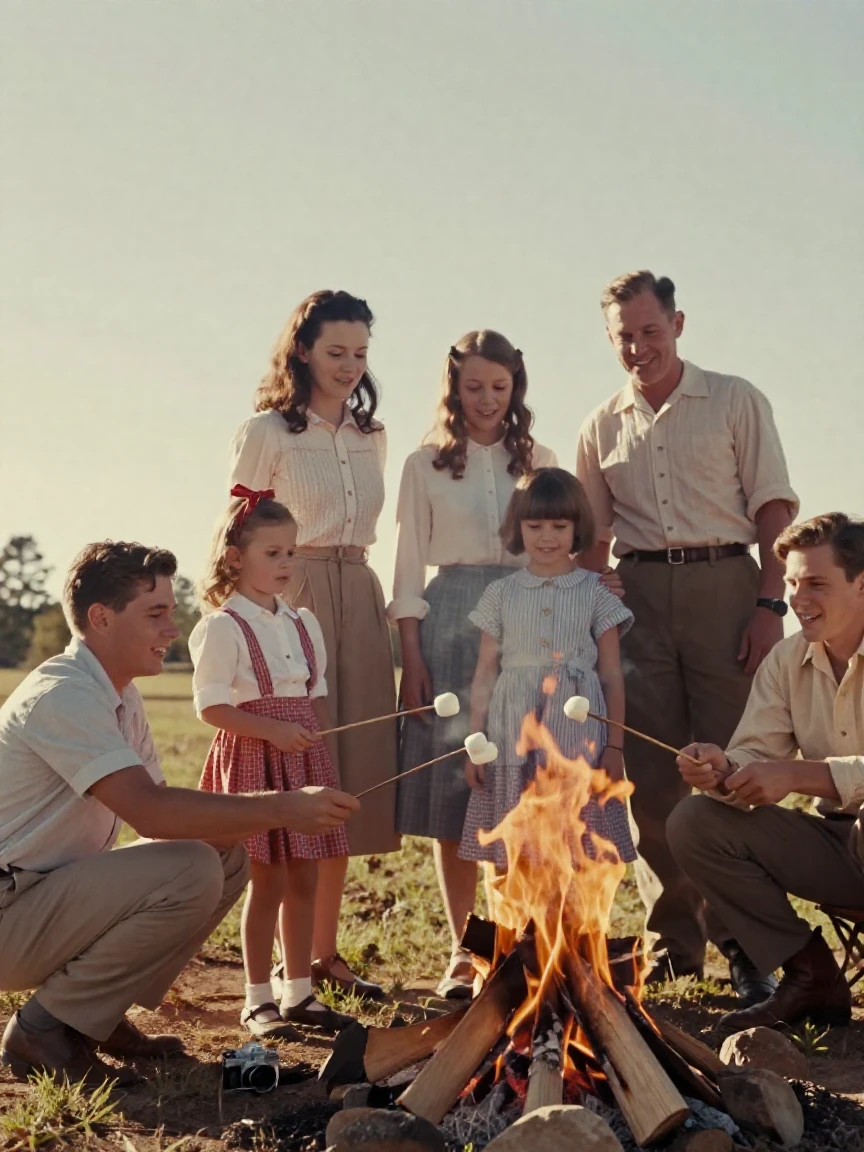 A family gathered around a crackling campfire roasting marshmallows, in soft window light, on a clear, cloudless day, in early spring, in warm honey and cream tones, from a three-quarter angle.