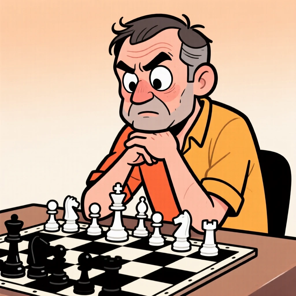 An everyday-life snapshot of a passionate chess player deep in thought, chin resting on clasped hands over the board.