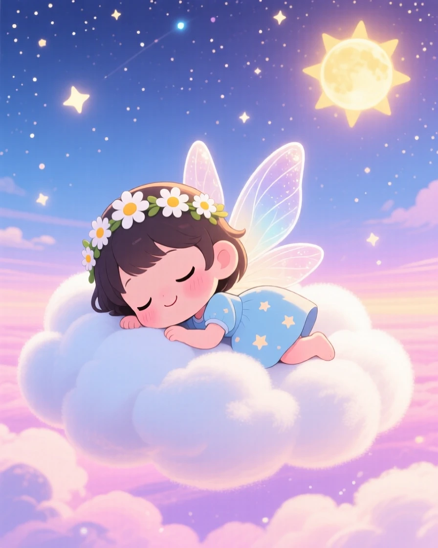 A cloud fairy napping on a soft puffy cloud, framed as a wide establishing shot within a pastel-colored sky, under a starry midsummer night sky, glowing under bright midday sun, evoking bubbly enthusiasm.