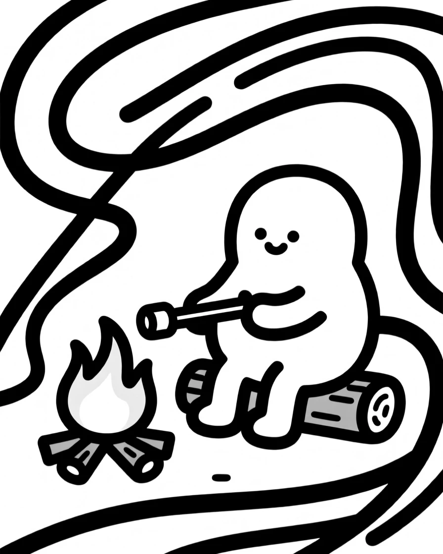 A round marshmallow-like creature toasting itself over a tiny campfire.