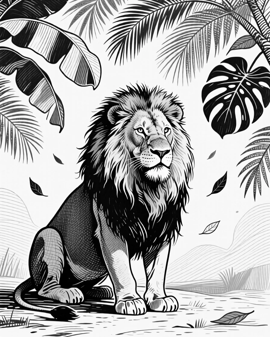 A majestic lion beneath a canopy of tropical leaves, surrounded by falling leaves, capturing a calm and dignified moment in nature with a strong, centered focal point.