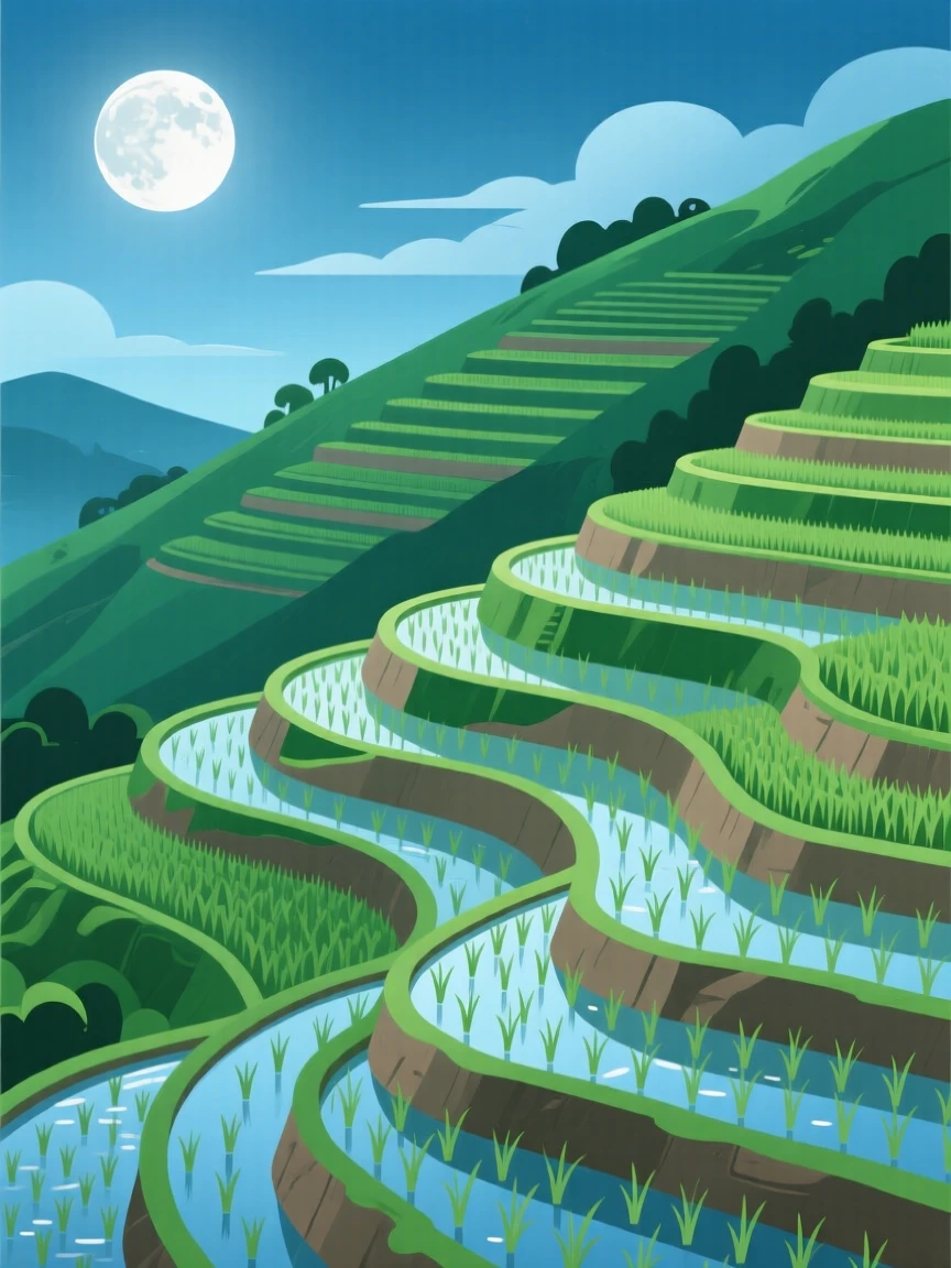 A rice terrace carved into a lush green hillside, under the soft glow of a rising moon, balanced using the rule of thirds for natural harmony, with a fresh, crisp clarity that highlights every detail.