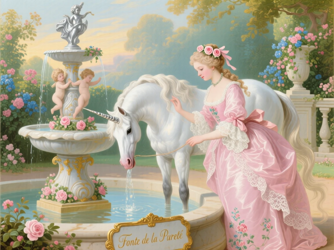 A unicorn drinking from a fountain while a princess holds its silver mane  