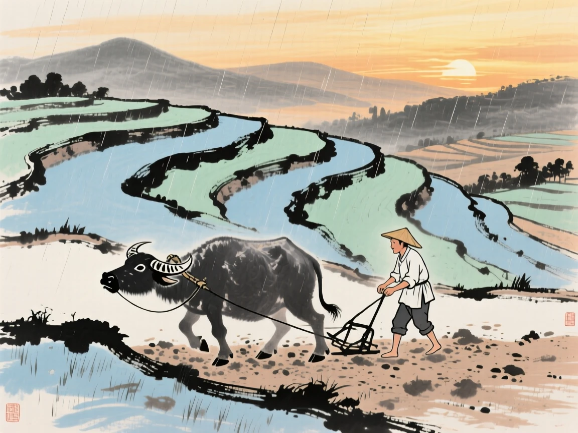 A farmer plowing a terraced field with the help of a water buffalo, radiating gentle serenity, through a curtain of fine rain, in the last golden light of day.