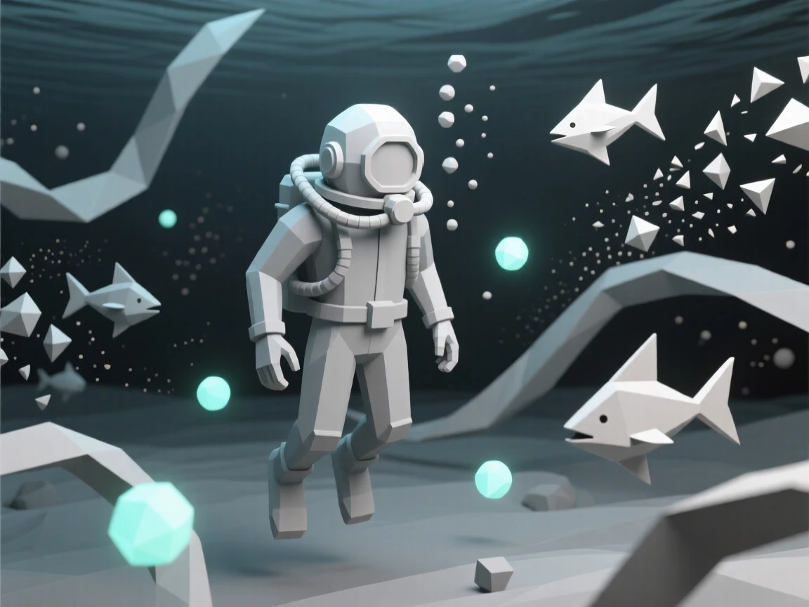 A deep-sea diver illuminated by bioluminescent creatures, surrounded by swirling cosmic dust. the composition uses a wide, immersive perspective. A sense of quiet wonder fills the cosmos.