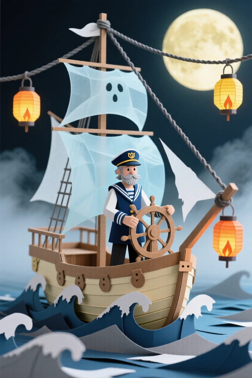 A sea captain steering a ghostly translucent ship through misty moonlit waters, glowing lanterns swaying from the rigging, evoking eerie maritime legend.