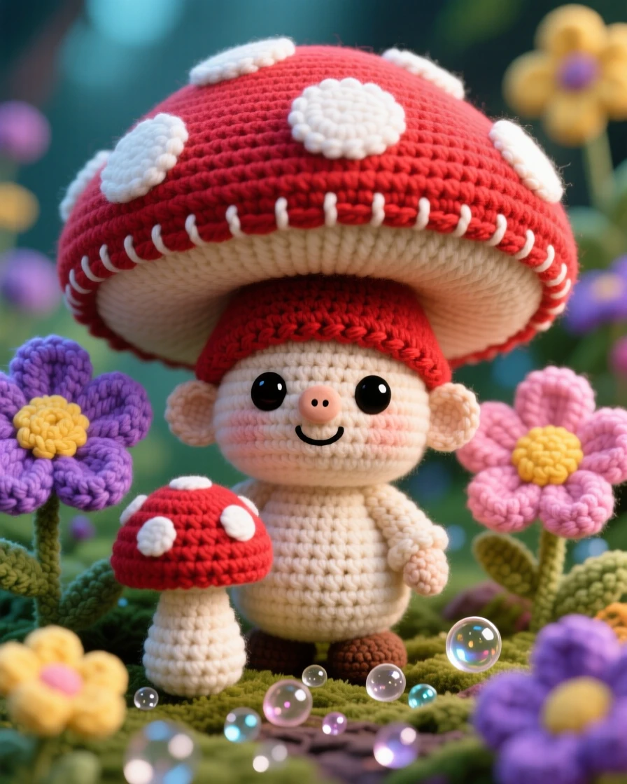 In an enchanted garden blooming with oversized flowers, a tiny mushroom gnome with a wide spotted cap for a hat is captured peeking out from behind a giant toadstool, surrounded by a scattering of shimmering dewdrops, filled with joyful mischief and sparkling delight.