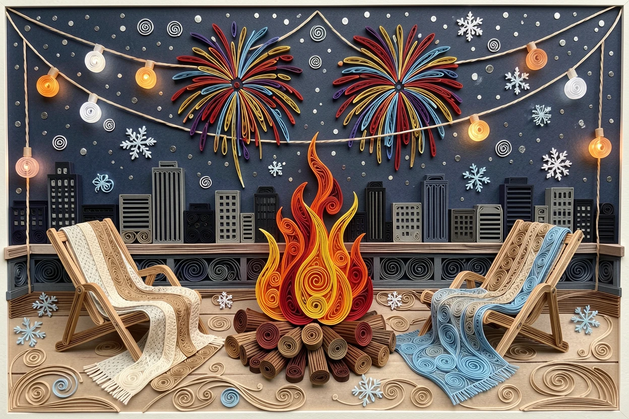 A festive holiday scene of a summer beach bonfire under a starry sky on a rooftop overlooking a fireworks-lit skyline, under the warm glow of string lights, framed by softly falling snow.