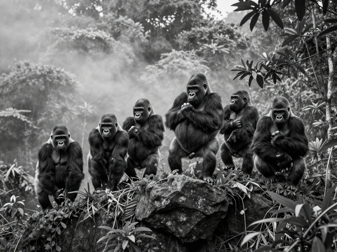A troop of gorillas beats its chest atop a misty ridge through a dense tropical jungle.