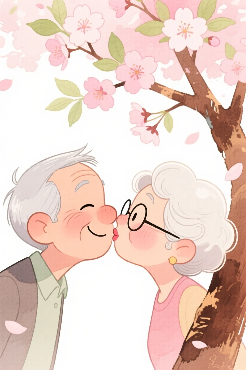 An elderly couple still deeply in love sharing a first kiss under a blooming cherry tree
