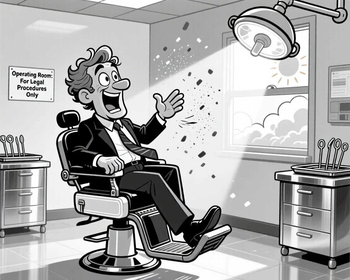 A sharp-dressed lawyer mid-argument, spinning the barber chair with a flourish, set in a sterile, gleaming operating room. Chalk dust floats in a sunbeam. It's a lighthearted tribute to a job well loved.