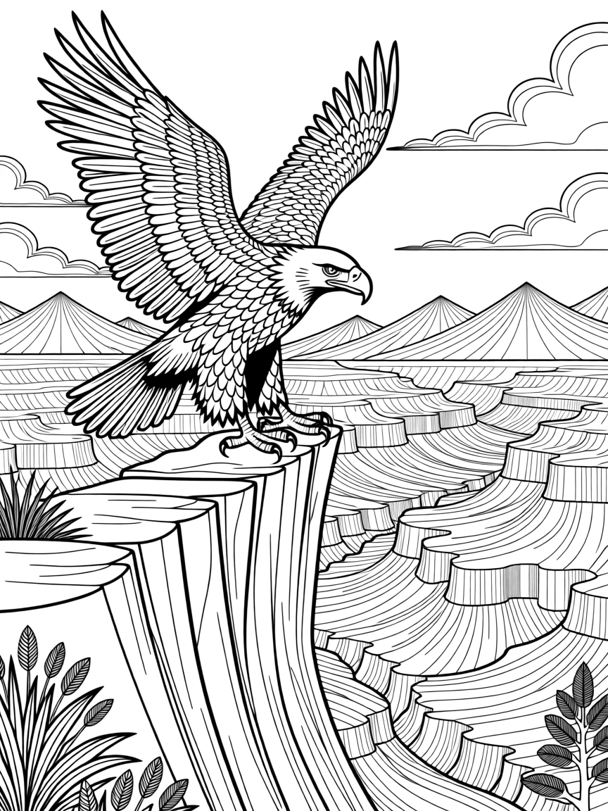 A bald eagle perched on a cliff edge overlooking a canyon.