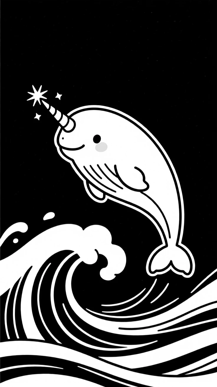 A baby narwhal character with a tiny sparkling horn, leaping through a wave.