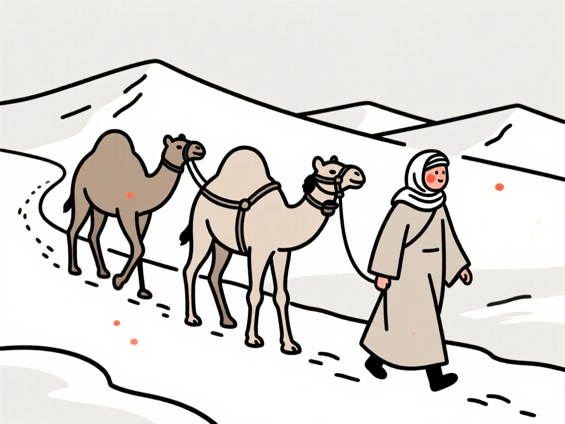 A desert nomad leading a camel caravan, on a snowy mountain trail.