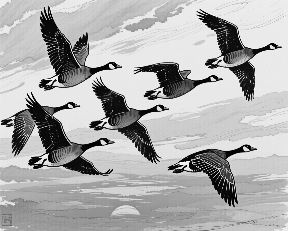 A flock of geese flying in formation across a colorful sunset sky.