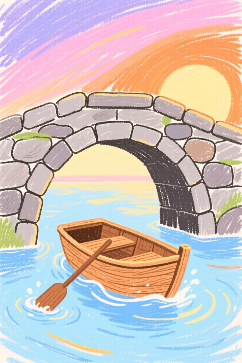 A rowboat crossing an old stone bridge at sunrise.