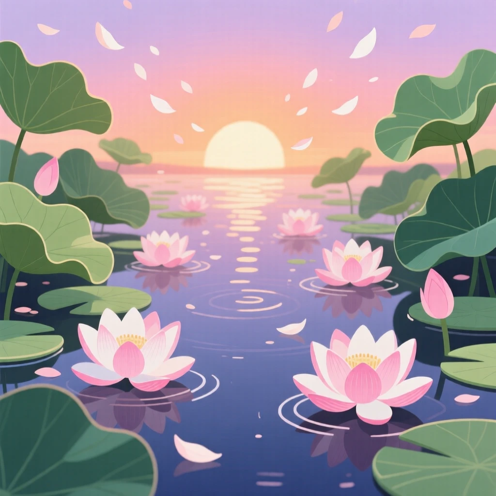 A blooming lotus pond at sunrise, surrounded by drifting petals in the breeze, framed symmetrically to create a calm, balanced feel, with delicate textures visible in every leaf and petal.