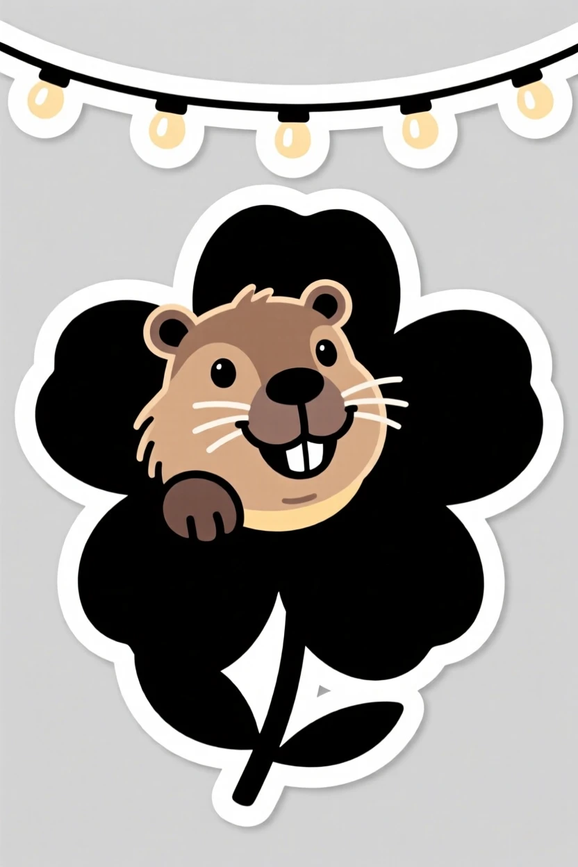 A mischievous grinning capybara peeking out from behind a giant flower, under a string of fairy lights.