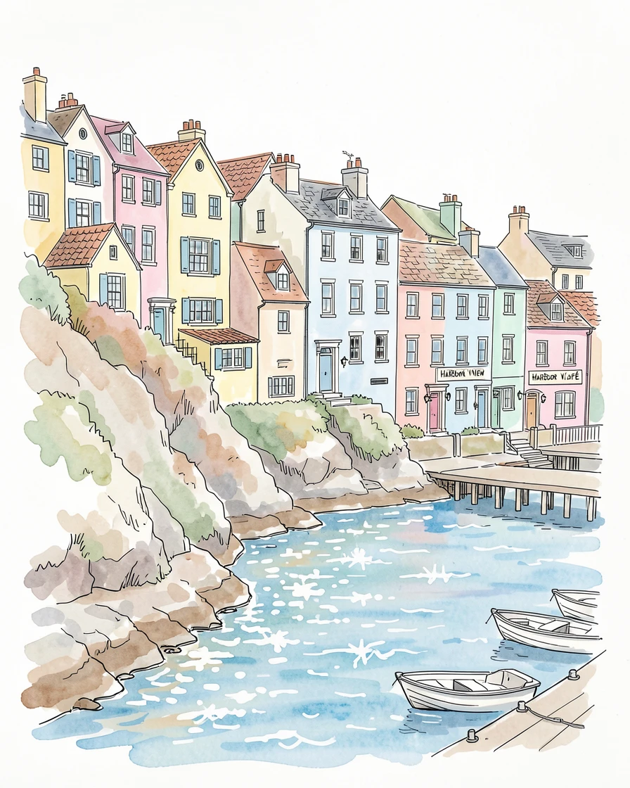 A row of colorful houses stacked along a steep hillside overlooking a sparkling harbor