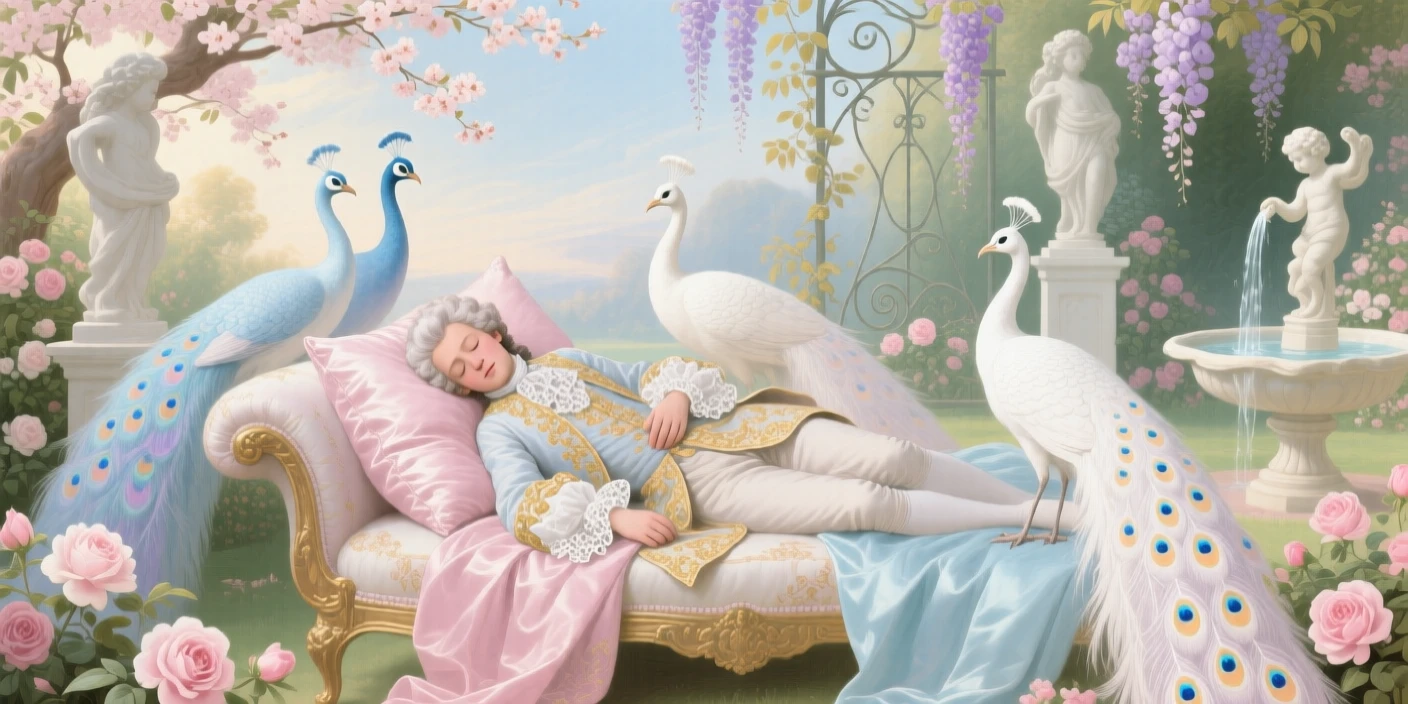 A sleeping prince surrounded by protective white peacocks in a secret garden  
