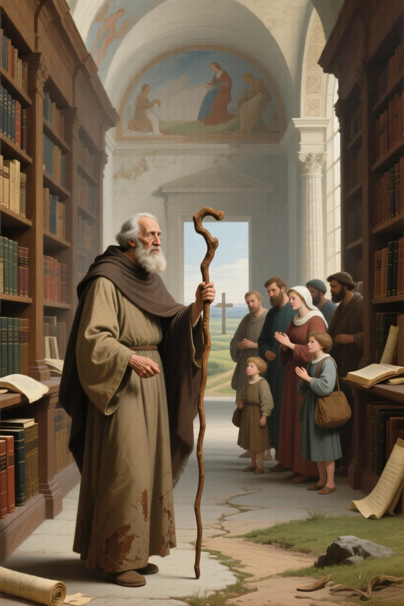 A wandering teacher blessing travelers at a rural crossroads as ancient wisdom passes gently to the next generation, set within an ancient library devoted to timeless questions, with modest robes, a well-worn staff, and a face lined with quiet devotion; quiet, uncluttered space allows the emotional core room to breathe, evoking reverence, humility, and quiet transcendence.