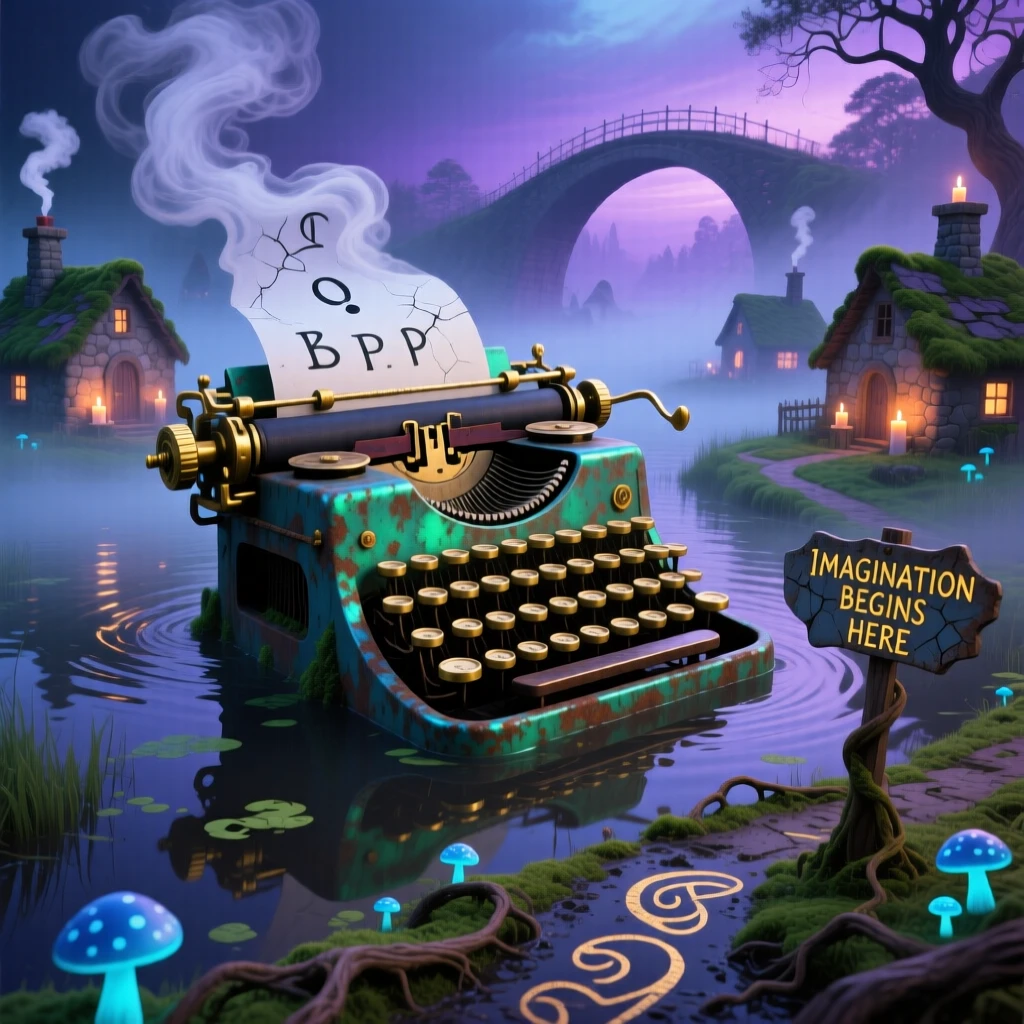 A colossal typewriter half-sunk into a foggy marsh towers silently over a scattering of small stone cottages, while tiny paths have been worn into the ground around it.