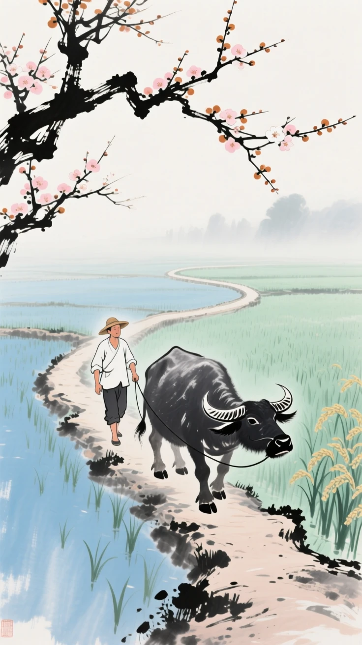 A farmer leading a water buffalo along a winding paddy path, as the last plum blossoms cling to bare branches.