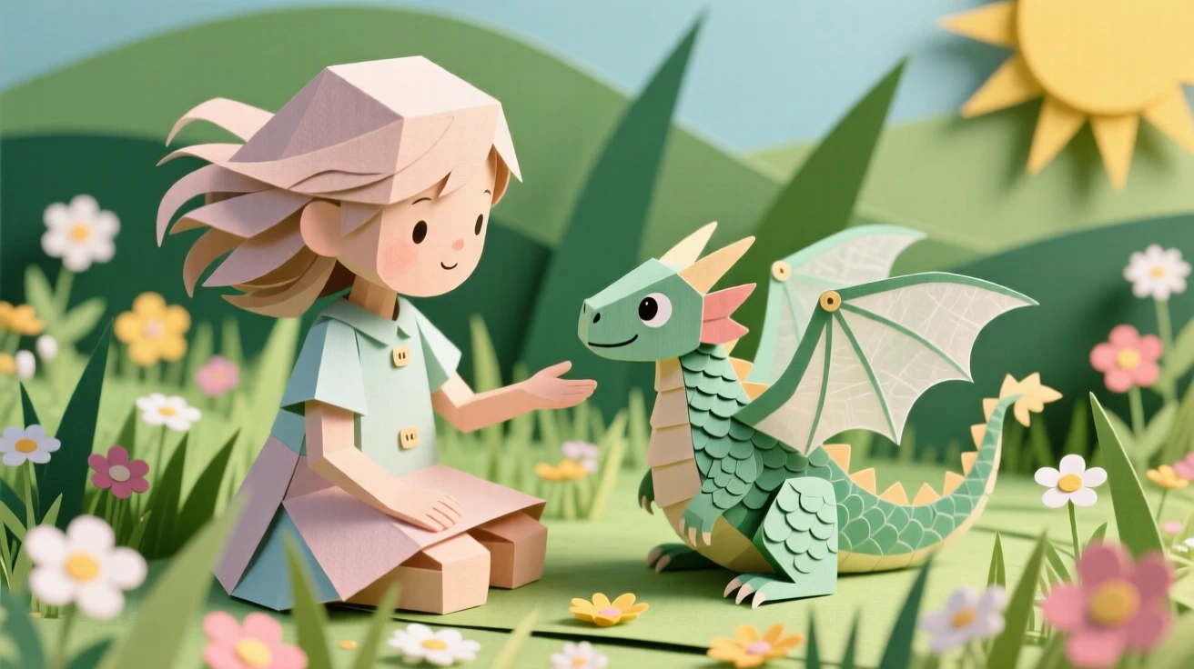 A young girl befriending a small dragon hatchling in a sunlit meadow filled with wildflowers, capturing warmth and imaginative friendship.