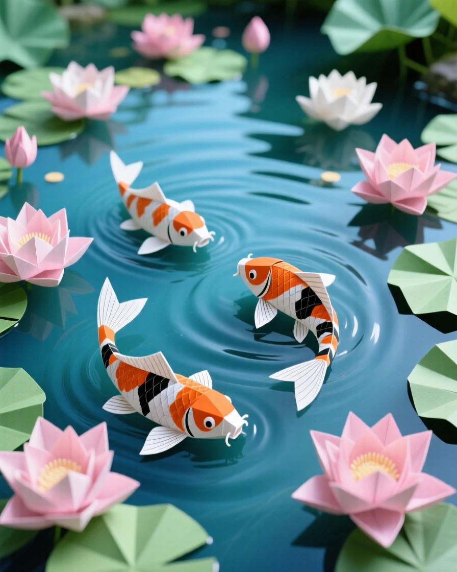 A tranquil pond covered in blooming lotus flowers, koi fish gliding just beneath the surface.