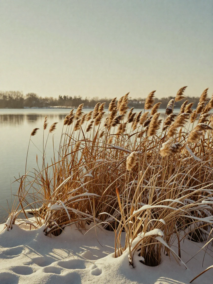 Reeds swaying gently along the marshy edge of a lake, in soft window light, on a clear, cloudless day, under the first snow of winter, in warm honey and cream tones, from a slightly elevated vantage point.