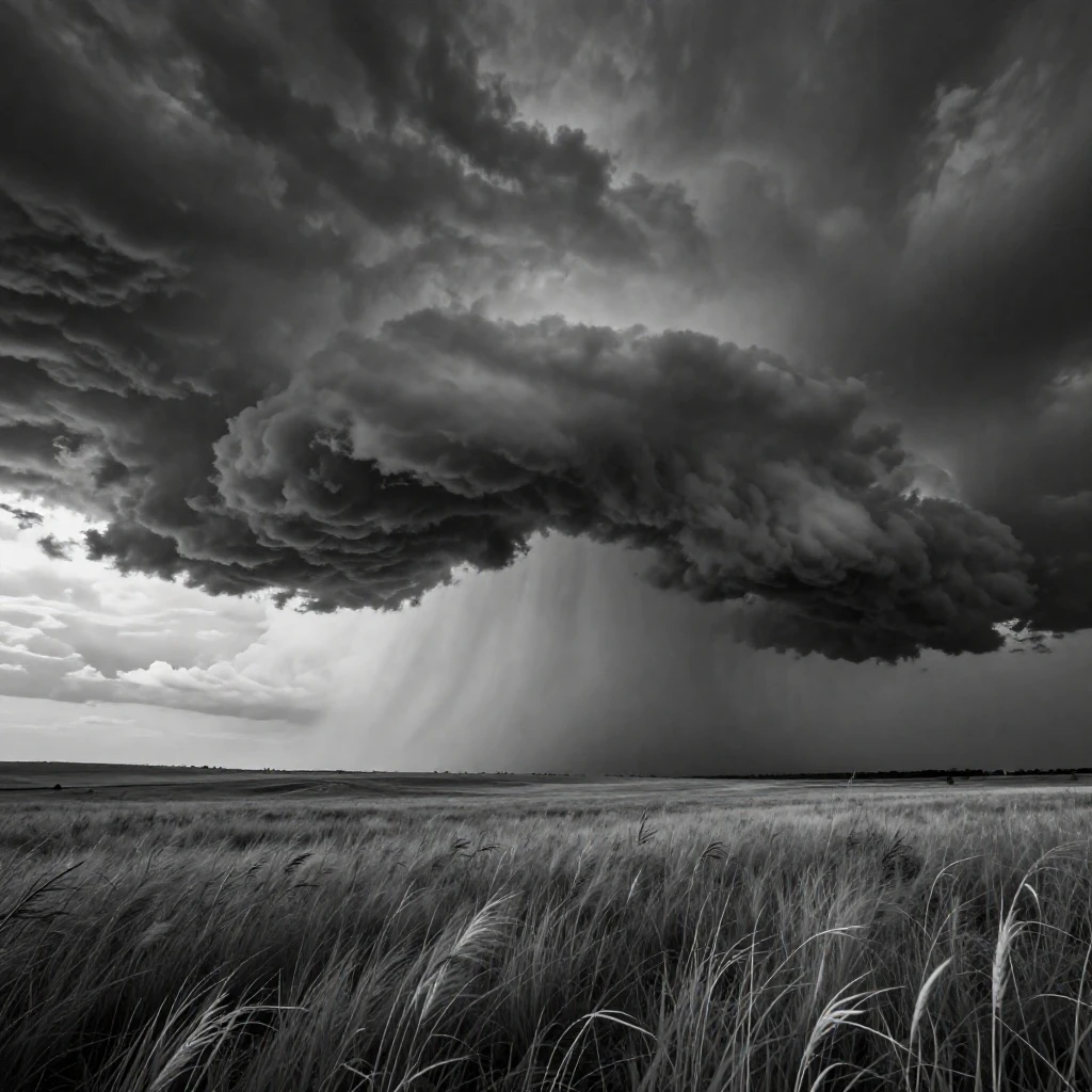 A supercell thunderstorm builds ominously over open plains across a darkening prairie sky.