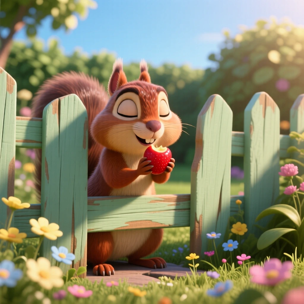 A chipmunk with full cheeks is peeking through a garden fence, nibbling on a piece of fruit. A gentle, sleepy calm fills the moment, with a scattering of small flowers around it.