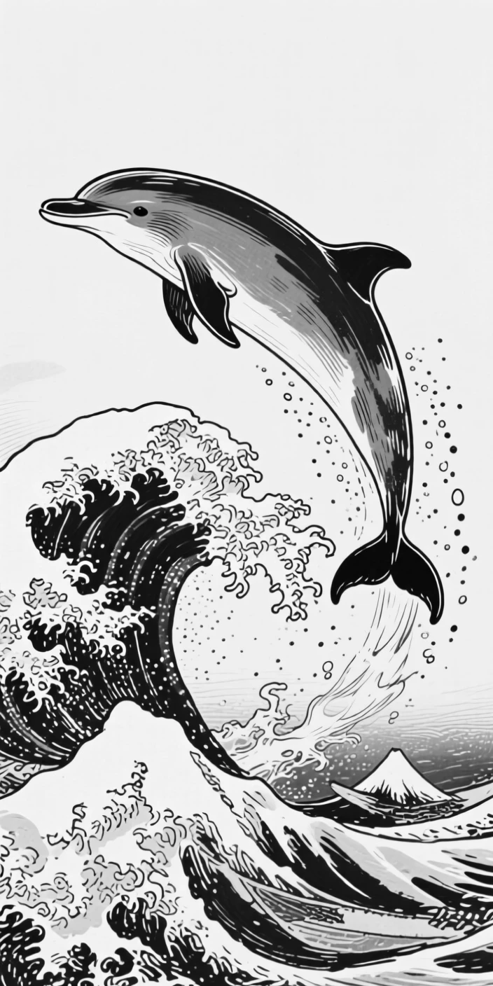 A dolphin leaping through a wave with a spray of ocean mist.