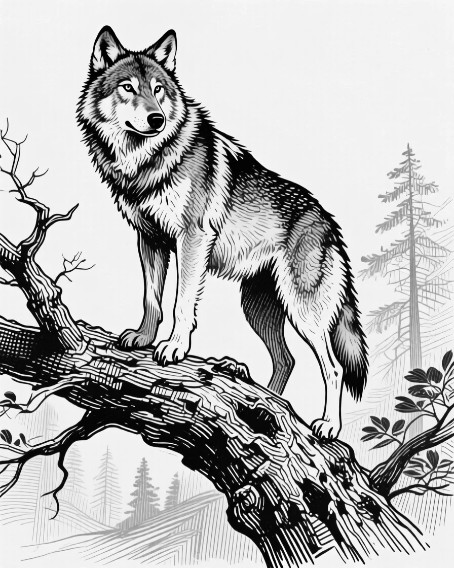 A wandering wolf atop a weathered tree branch, caught in a moment of quiet stillness, capturing a calm and dignified moment in nature with a strong, centered focal point.