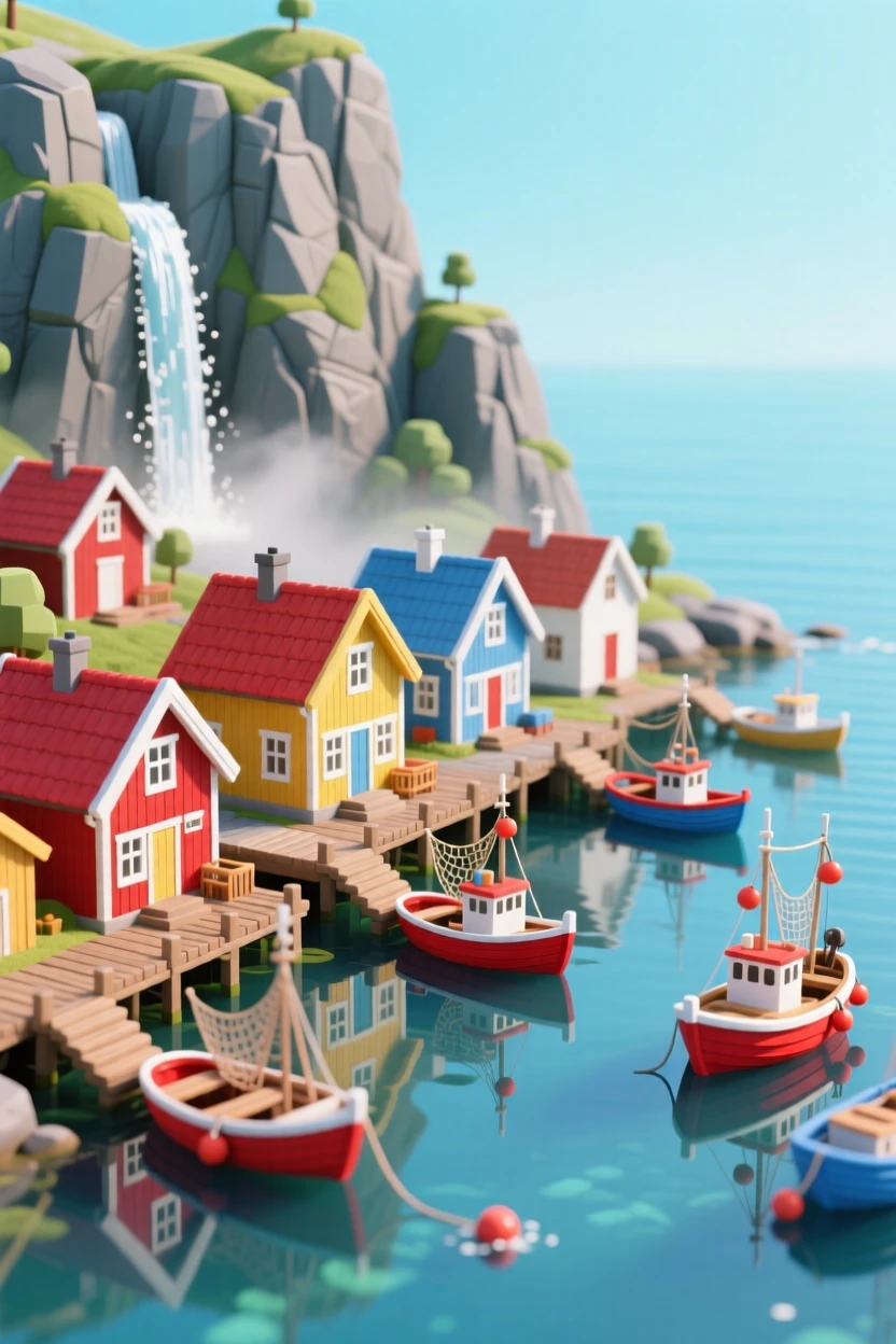 A miniature Norwegian fjord village with colorful wooden houses reflecting in still water, fishing boats at the dock, and waterfalls streaming down cliffs behind.
