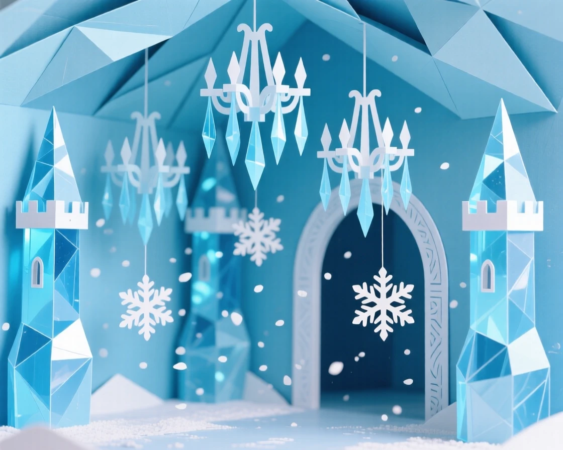 An ice queen's palace carved entirely from glowing blue crystal, icicle chandeliers hanging from vaulted ceilings, snow drifting gently through open archways, evoking cold elegance.