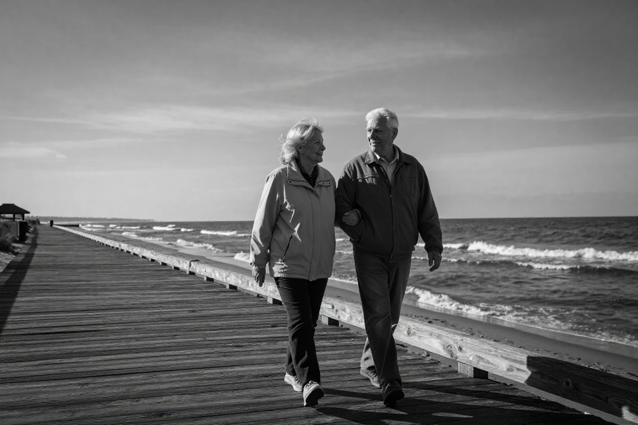 An elderly couple walks arm in arm along the shore along a quiet coastal boardwalk.