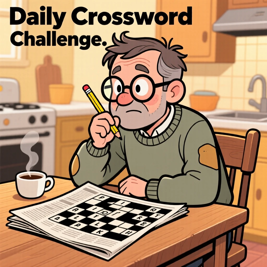 An everyday-life snapshot of a devoted crossword puzzle solver tapping a pencil against his chin, newspaper spread across the table.