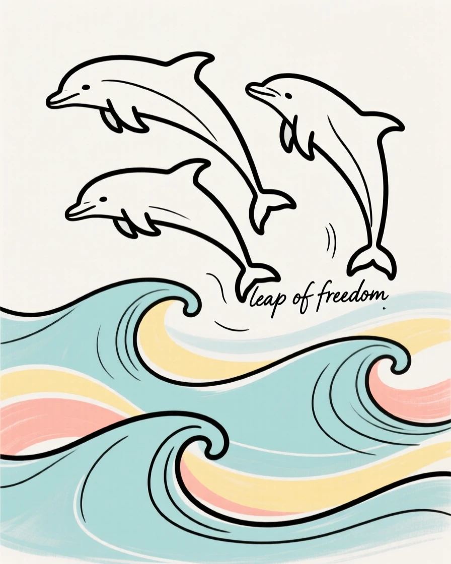 A pod of dolphins leaping over waves