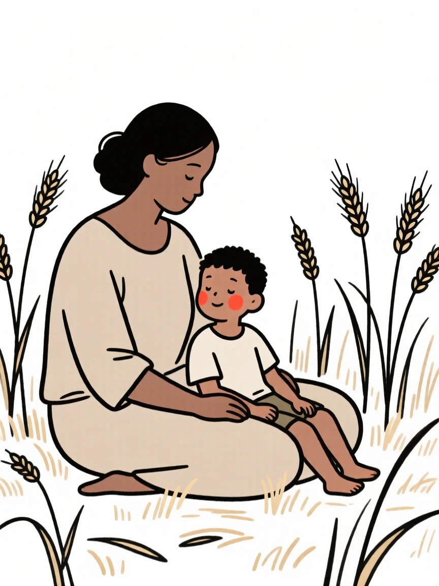 A mother and son of Jamaican heritage, resting in calm stillness, in a wheat field at harvest.