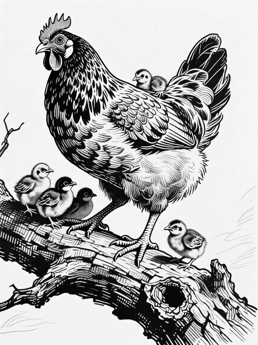 A nesting hen with chicks atop a weathered tree branch, muscles tensed mid-stride, capturing a tender and protective moment in nature with a strong, centered focal point.