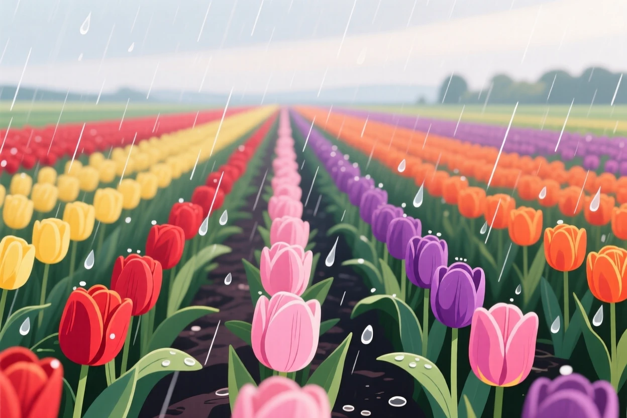 A field of tulips arranged in colorful rows, with a light rain shower passing softly through, composed with strong leading lines drawing the eye inward, with delicate textures visible in every leaf and petal.
