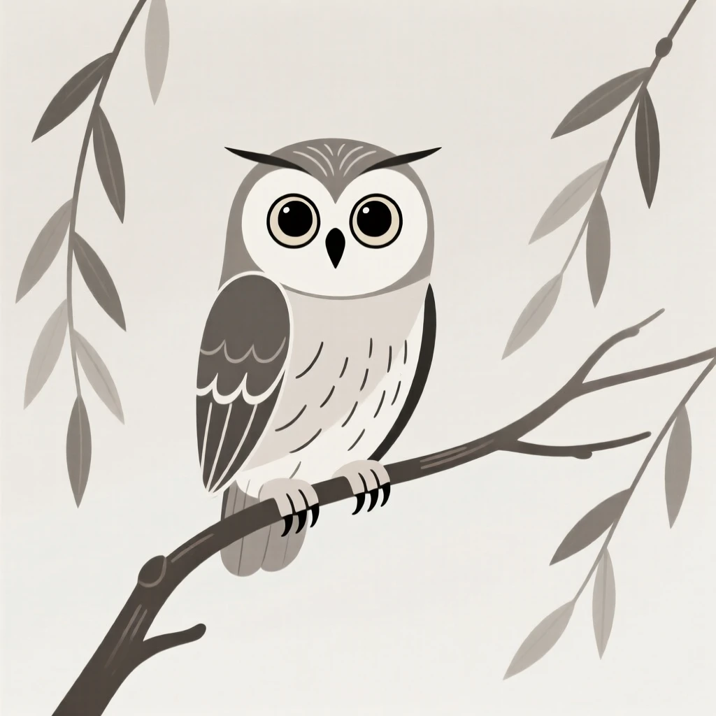 A curious owl perched on a thin willow branch, staring directly at the viewer.