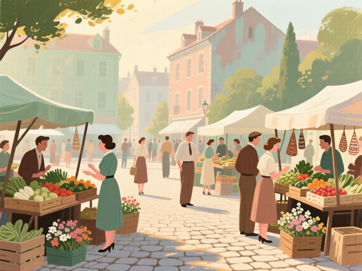 A cobbled town square hosting a lively weekend farmers market